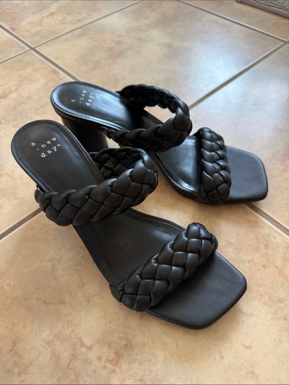 a new day Black Braided Double-Strap Block Heel Sandals